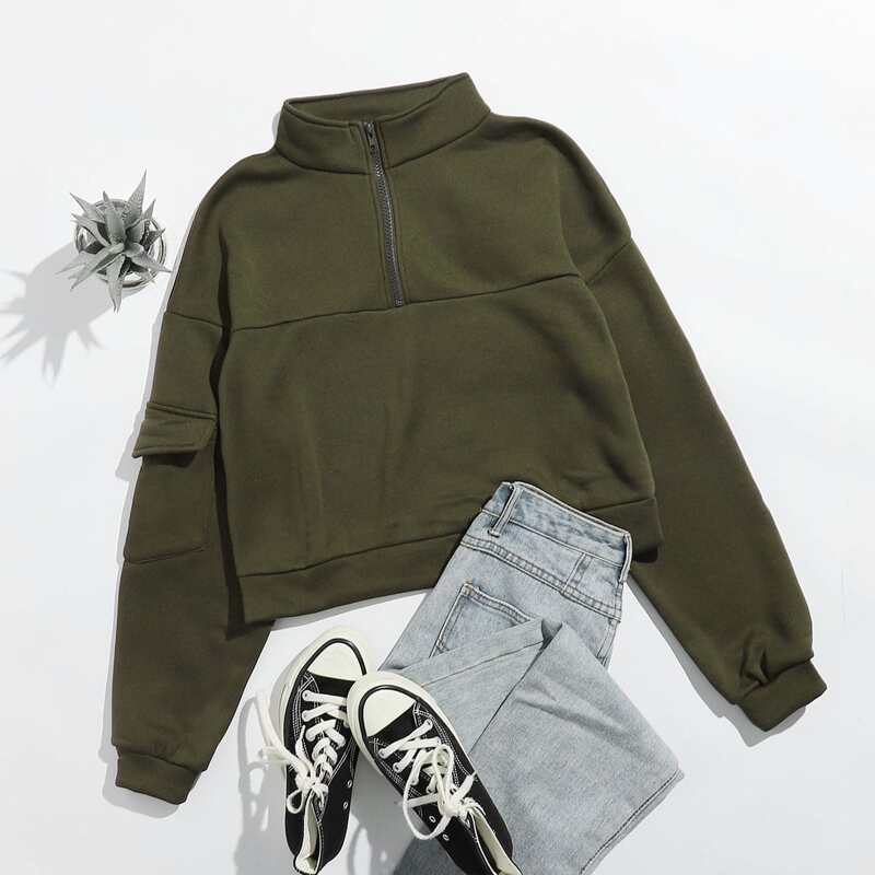 

Solid Half Zipper Crop Sweatshirt, Army green