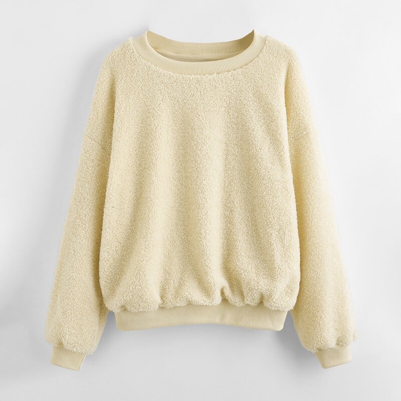 

Solid Drop Shoulder Teddy Sweatshirt, Beige