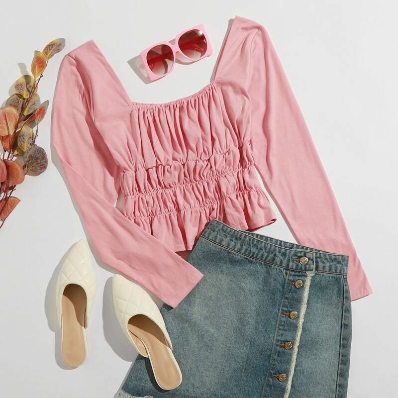 

Square Neck Shirred Ruffle Hem Top, Dusty pink