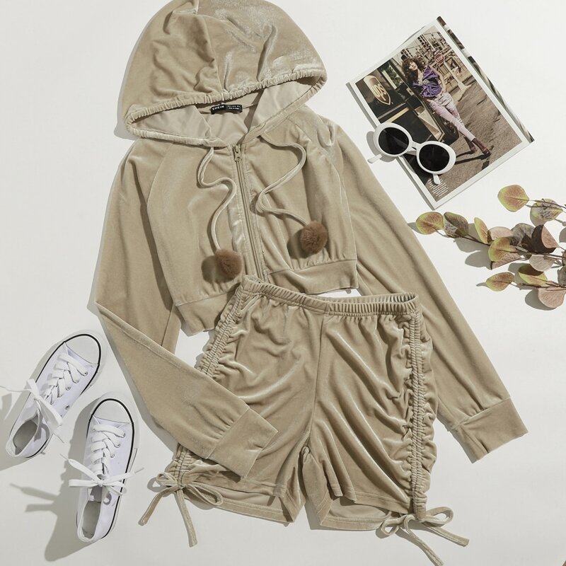 

Velvet Zip-up Hoodie & Drawstring Side Track Shorts, Khaki
