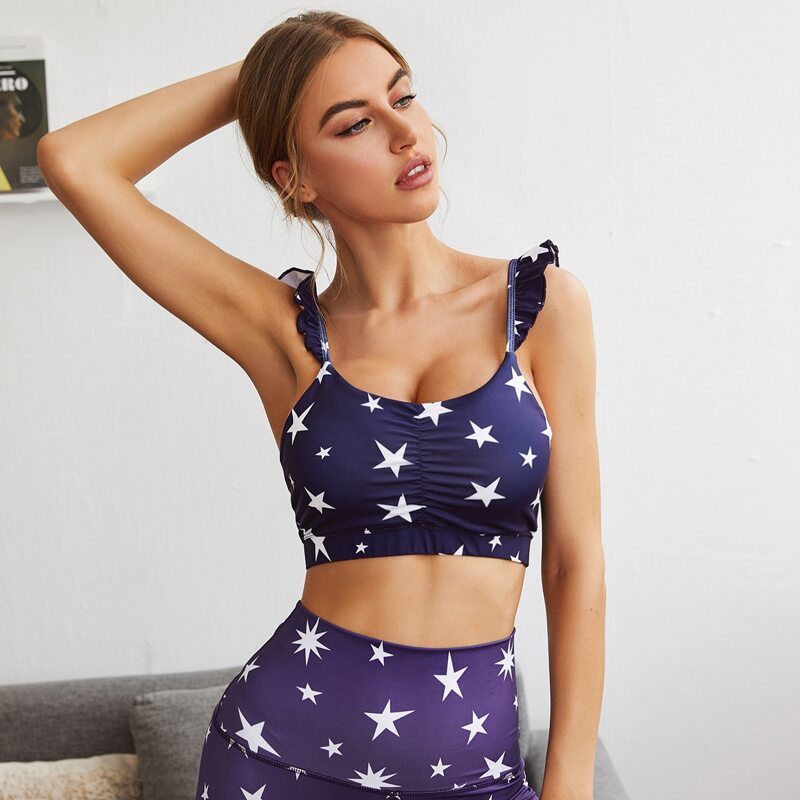 

Allover Star Print Ruffle Sports Bra, Navy blue