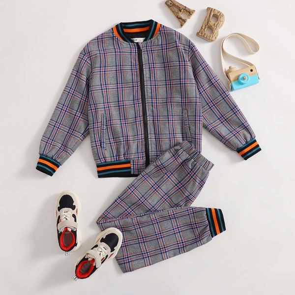 

Boys Plaid Bomber Jacket & Pants Set, Multicolor