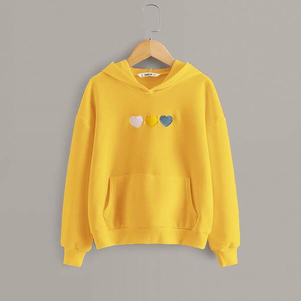 

Girls Drop Shoulder Heart Embroidery Hoodie, Yellow