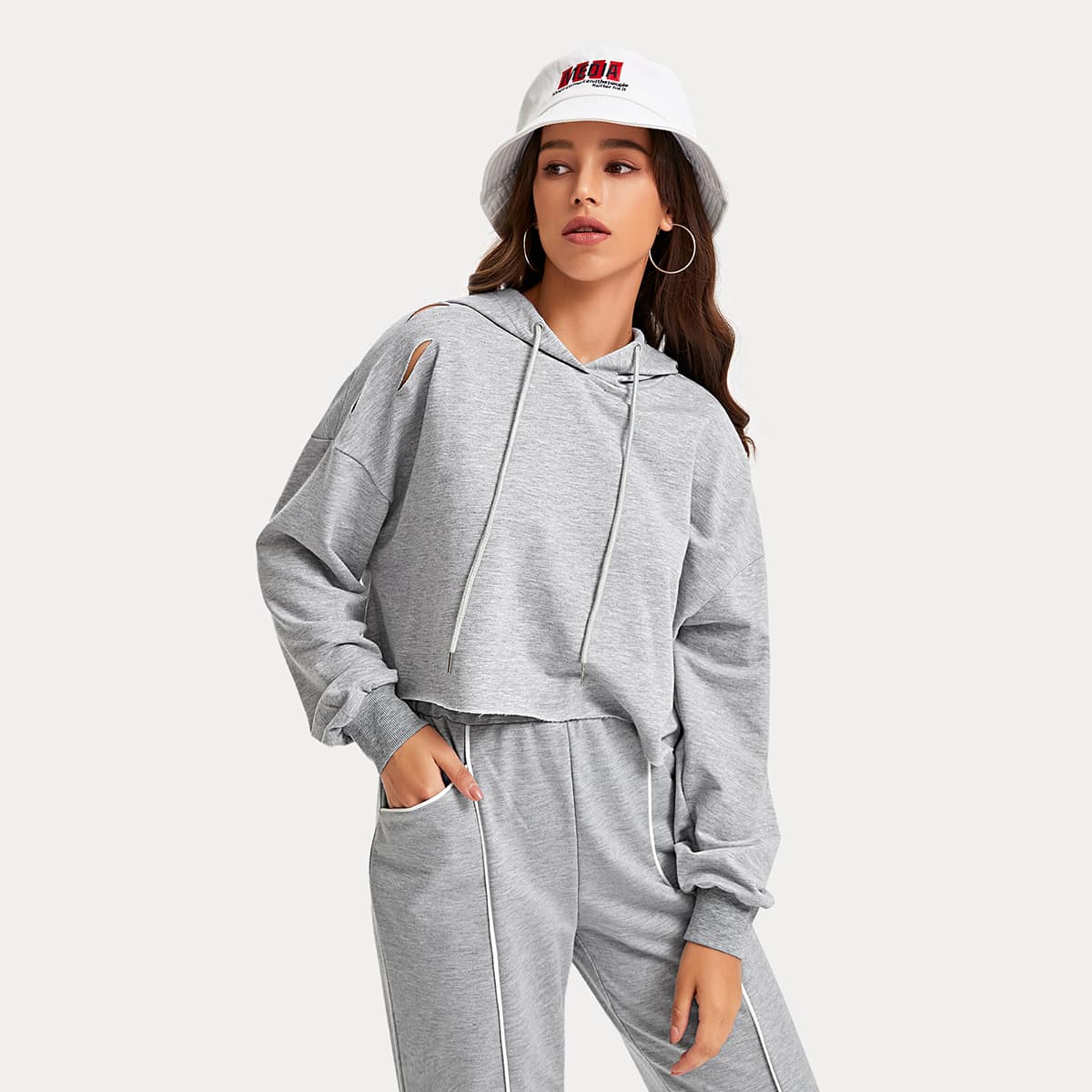 

Cutout Drawstring Crop Hoodie, Light grey