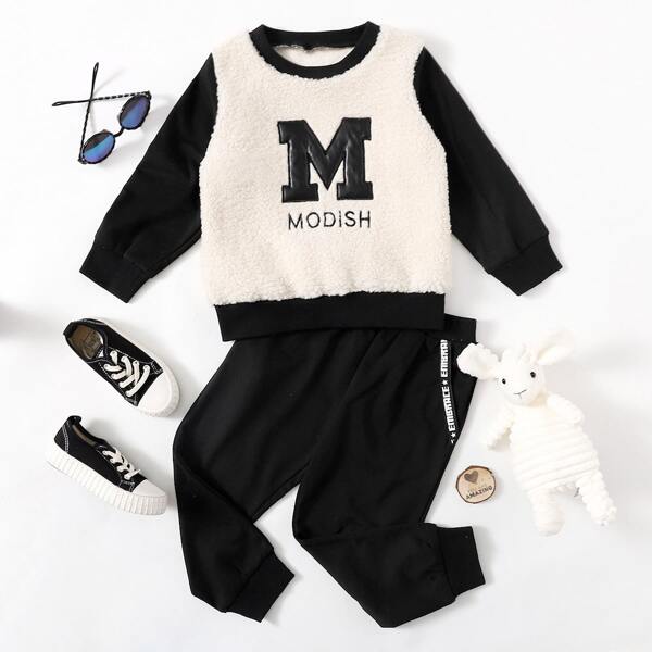 

Toddler Girls Letter Graphic Colorblock Teddy Sweatshirt & Sweatpants, Black and white