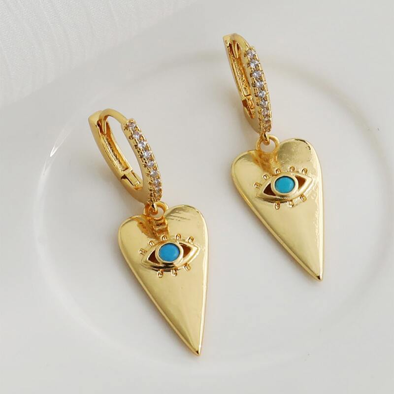 

Eye Design Heart Charm Drop Earrings, Gold