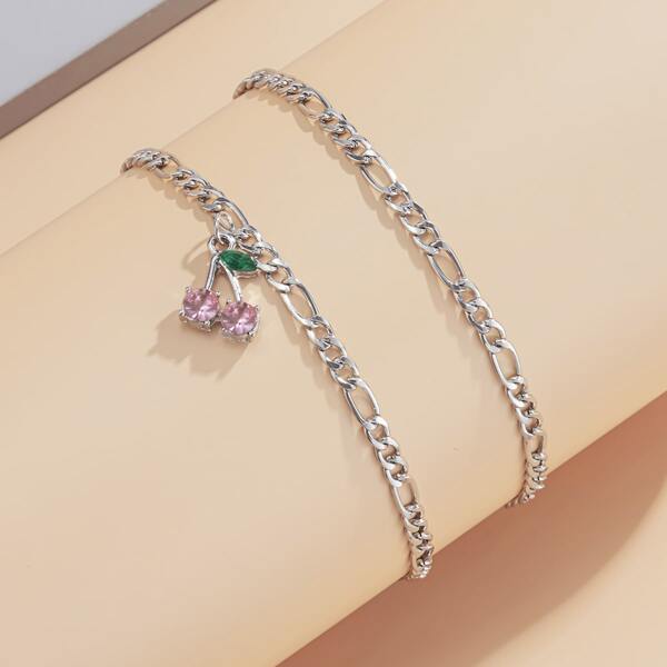 

2pcs Rhinestone Cherry Charm Anklet, Silver