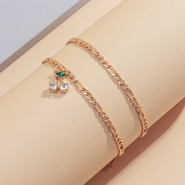 

2pcs Rhinestone Cherry Charm Anklet, Gold