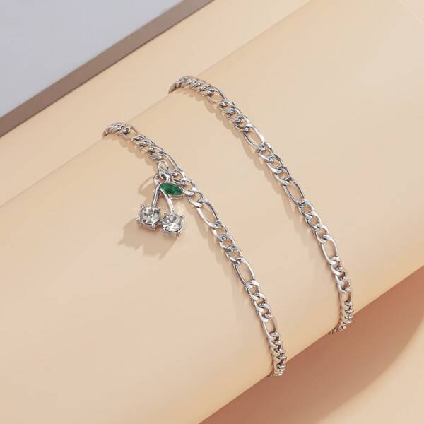 

2pcs Rhinestone Cherry Charm Anklet, Silver