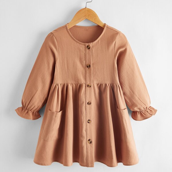 

Toddler Girls Button Front Flounce Sleeve Smock Dress, Brown