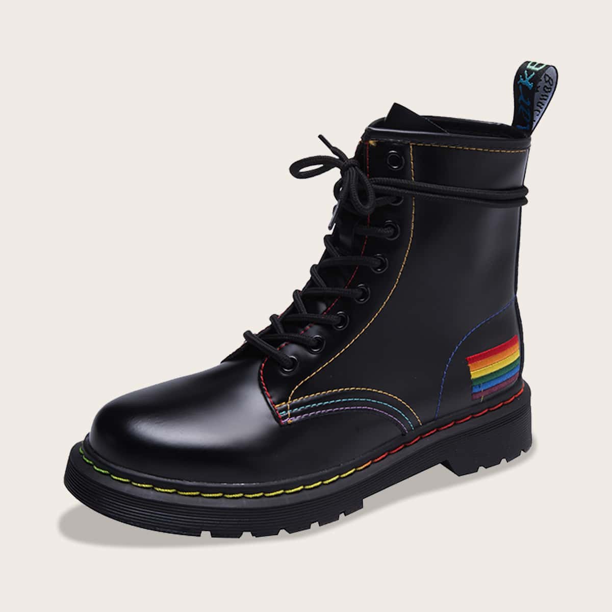 

Lace-up Front Embroidery Combat Boots, Black