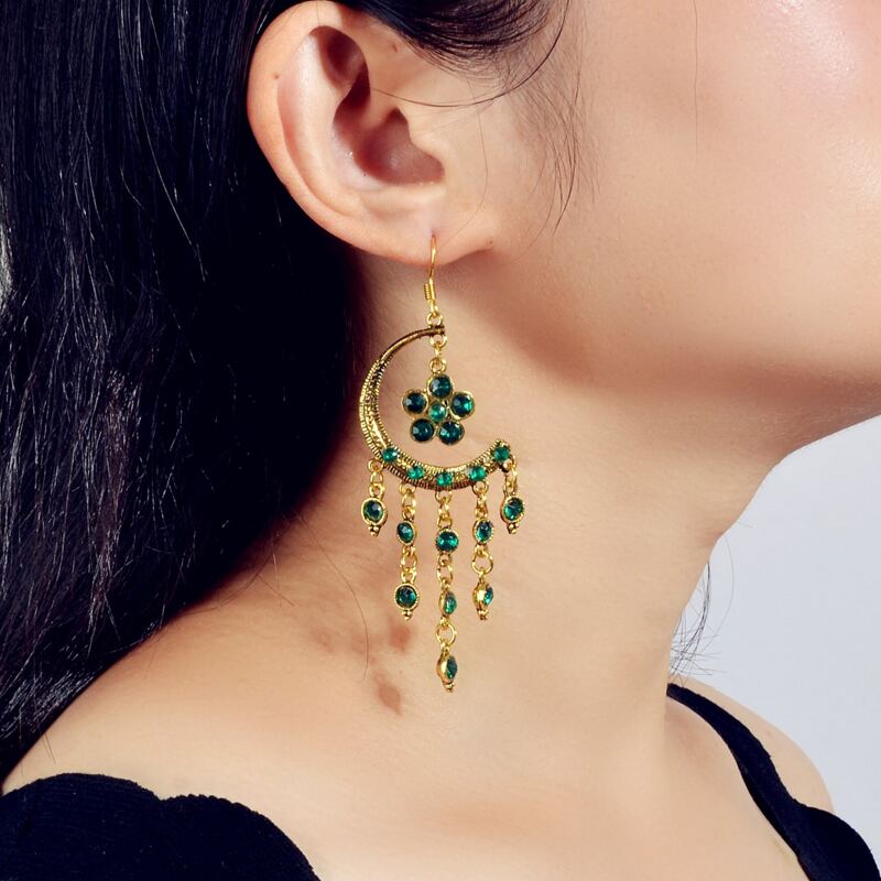 

Rhinestone Decor Moon Drop Earrings, Green