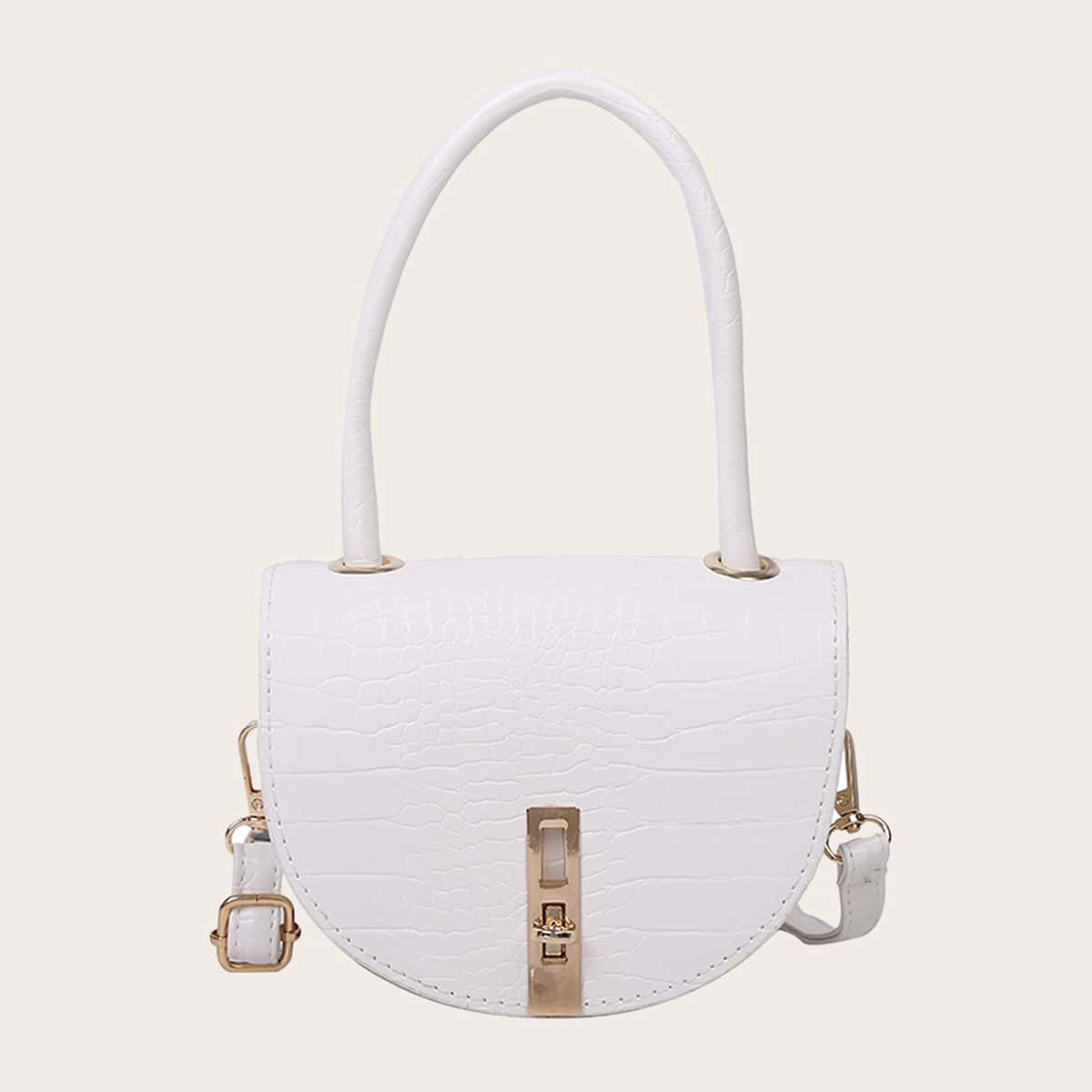 

Twist Lock Croc Embossed Satchel Bag, White