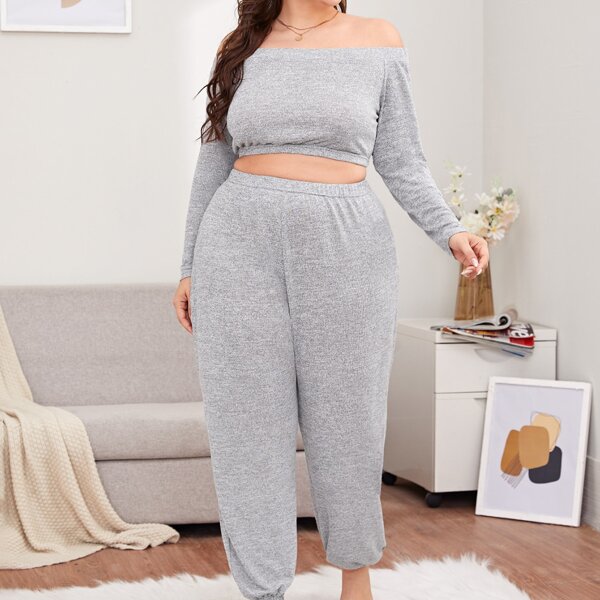 

Plus Solid Crop Bardot Top & Sweatpants Pajama Set, Light grey