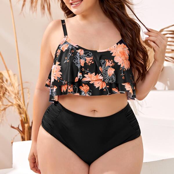 

Plus Floral Ruffle Hem Bikini Swimsuit, Black