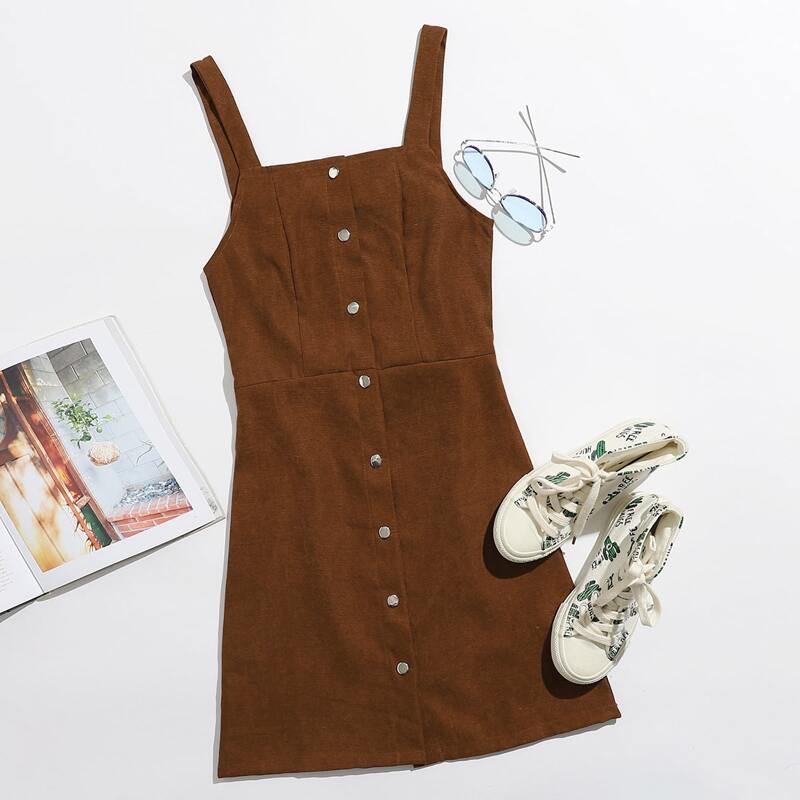 

Solid Button Front Pinafore Dress, Brown