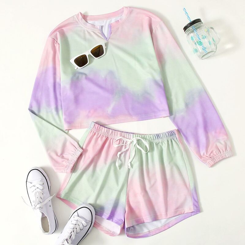 

Tie Dye Notched Sweatshirt & Shorts, Multicolor