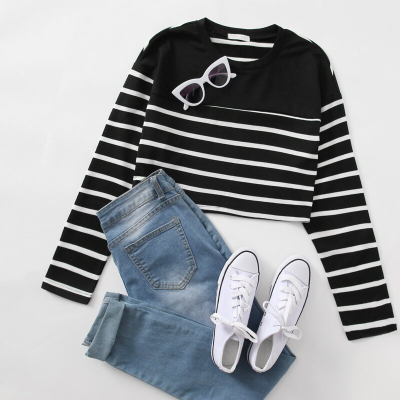 

Striped Crop Tee, Black and white