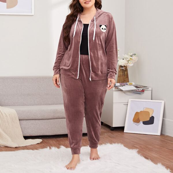

Plus Panda Patched Zip Up Hoodie & Pants Velvet Pajama Set, Mauve purple
