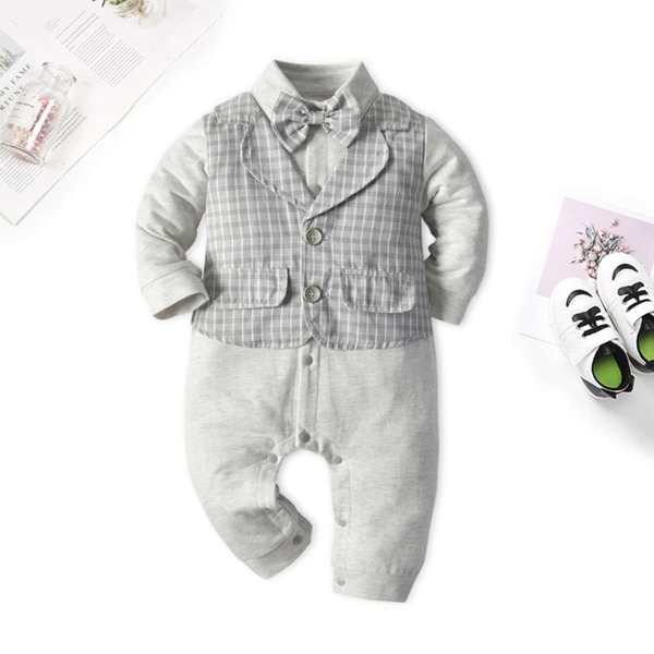 

Baby Boy Plaid Panel Bow Detail 2 In 1 Jumpsuit, Light grey