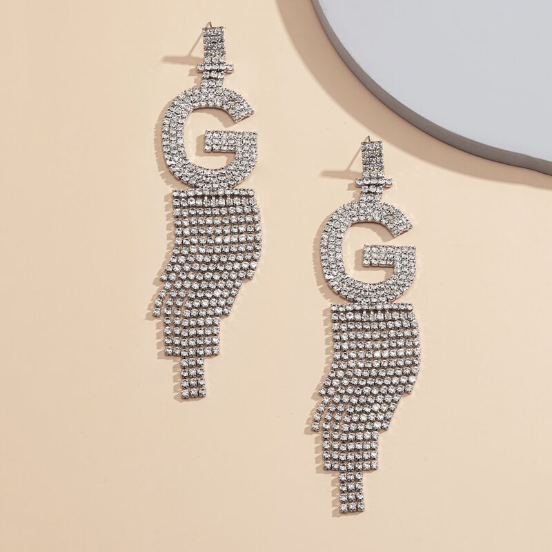 

Rhinestone Letter Decor Tassel Drop Earrings, Silver