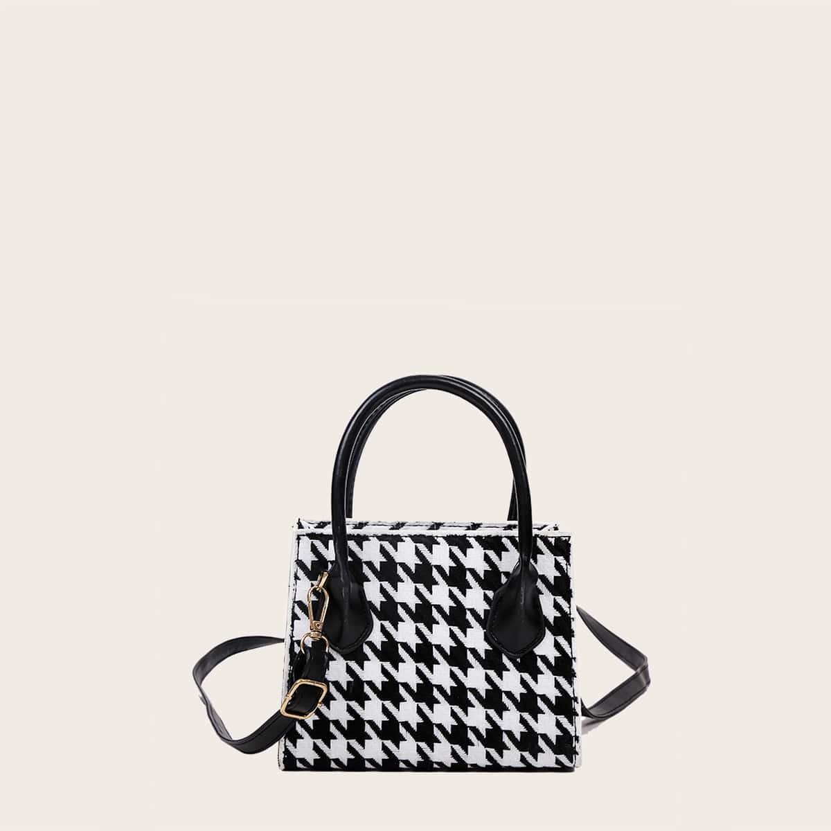 

Houndstooth Pattern Satchel Bag, Black and white