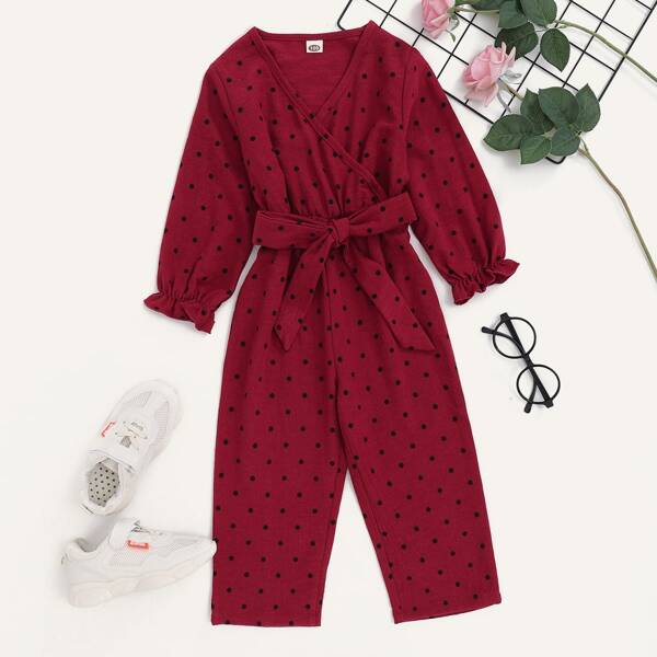 

Toddler Girls Polka Dot Belted Surplice Front Jumpsuit, Burgundy