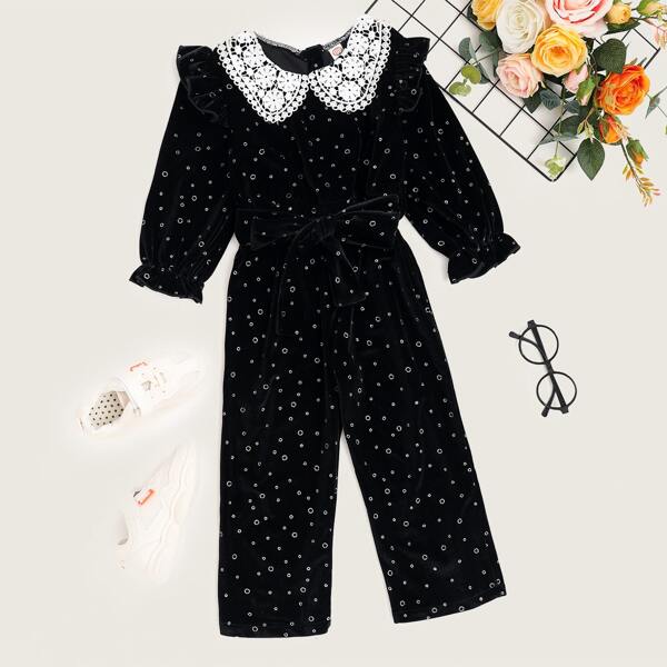 

Toddler Girls Allover Print Peter Pan Collar Belted Velvet Jumpsuit, Black