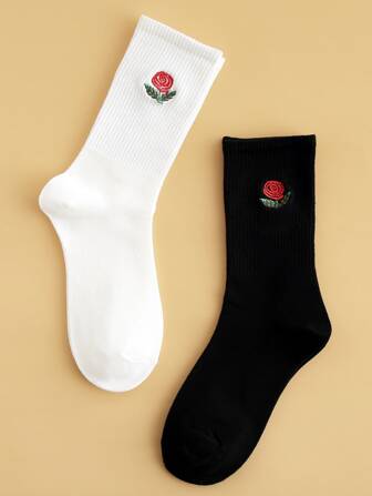 2 paires de chaussettes mi-mollet intéressantes, personnalisées, cartoonesques et mignonnes avec motif de rose brodé pour hommes et femmes en noir et blanc