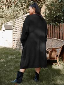 SHEIN LUNE áo hở cổ kích thước lớn Túi màu trơn Giải trí - màu đen - Xem 2