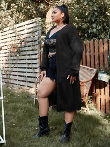 SHEIN LUNE áo hở cổ kích thước lớn Túi màu trơn Giải trí - màu đen - Xem 3