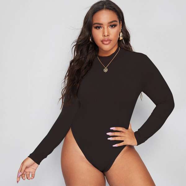 

Plus Mock Neck Fitted Tee Bodysuit, Black