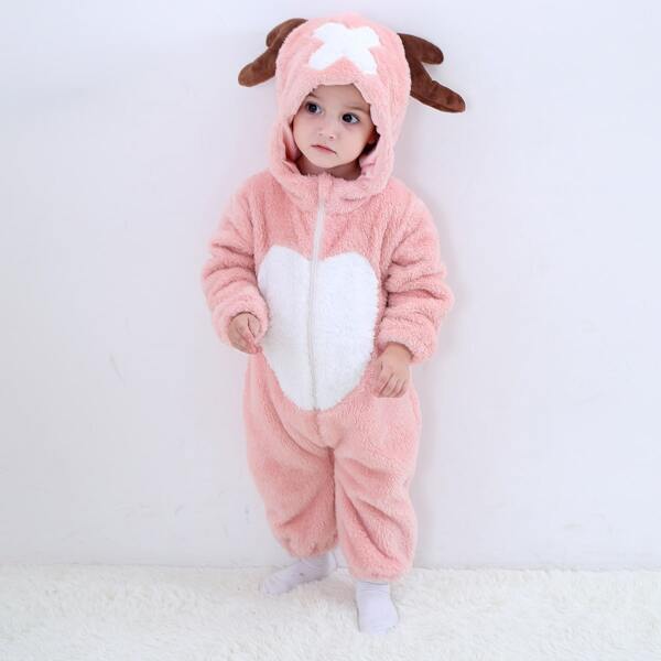 

Baby Girl Colorblock Cartoon Graphic Zipper 3D Patched Flannel Jumpsuit, Baby pink