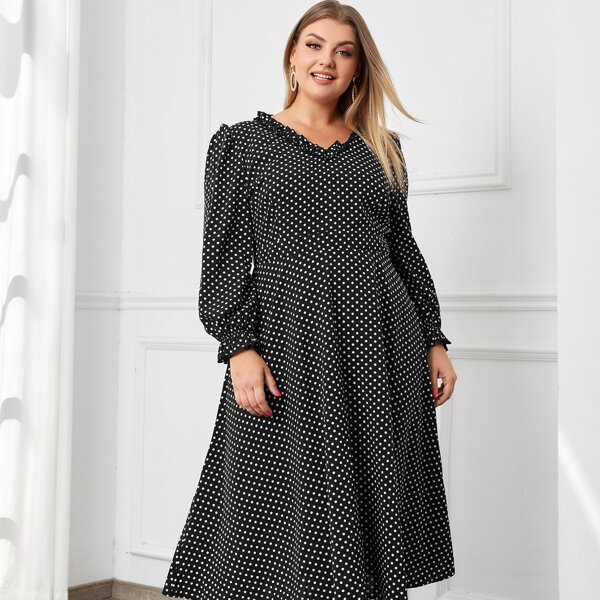 

Plus Polka Dot Flounce Sleeve A-line Dress, Black