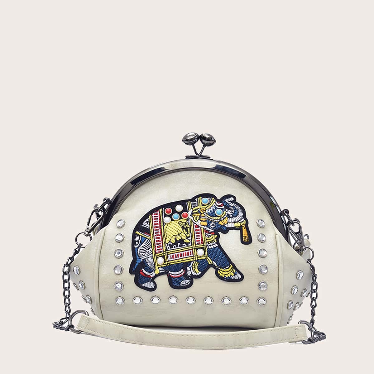 

Elephant Patch Kiss Lock Shoulder Bag, Beige