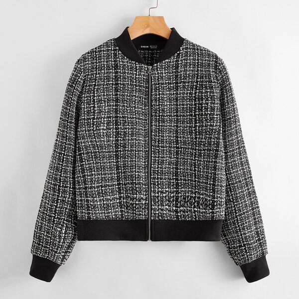

Plaid Zipper Up Tweed Bomber Jacket, Black
