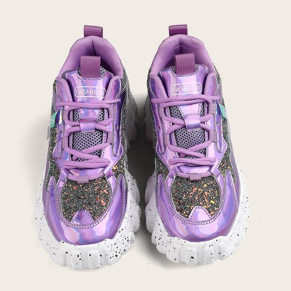 

Glitter Decor Lace-up Front Chunky Sneakers, Purple