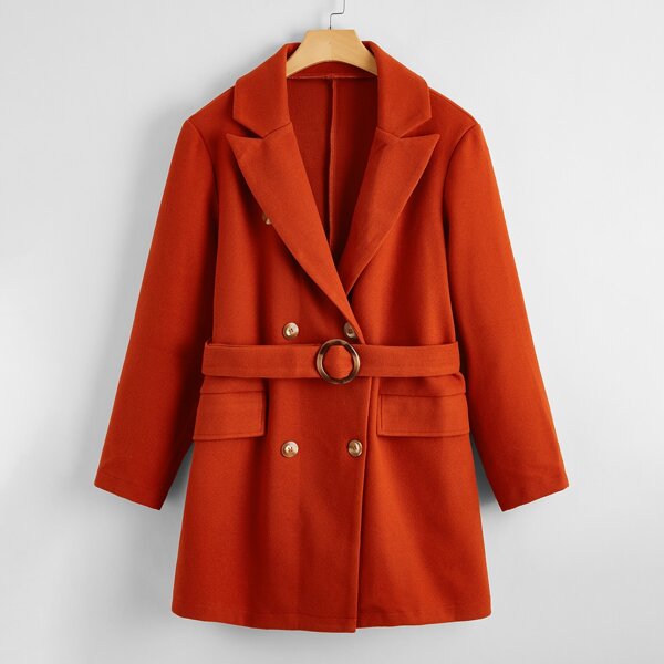 

Plus Lapel Collar Self Tie Pea Coat, Orange