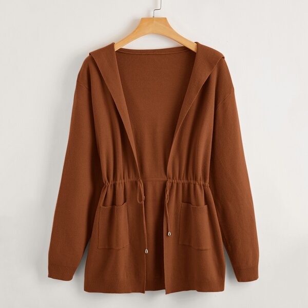 

Plus Dual Pockets Drawstring Waist Hooded Cardigan, Rust brown