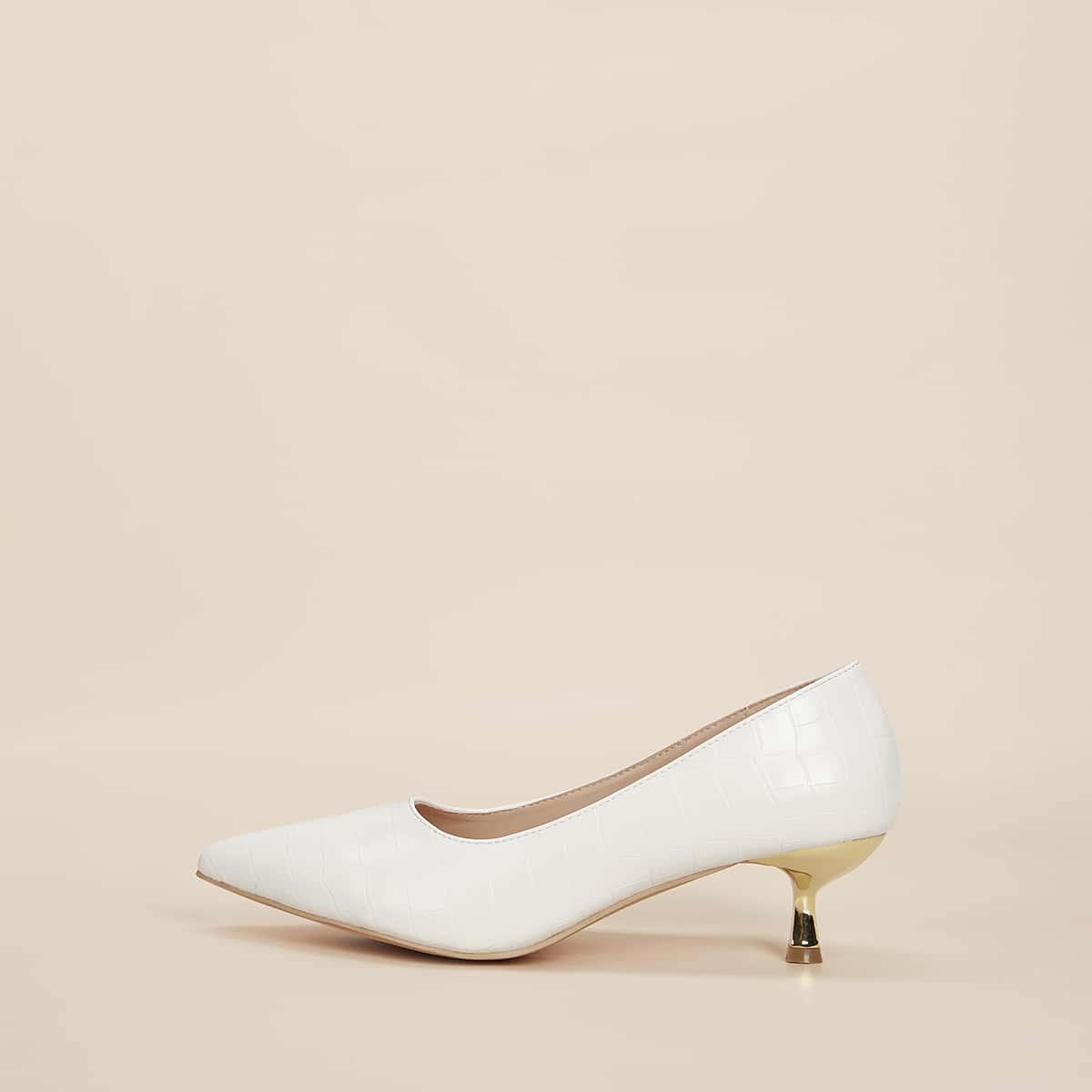 

Point Toe Croc Embossed Court Spool Heels, White