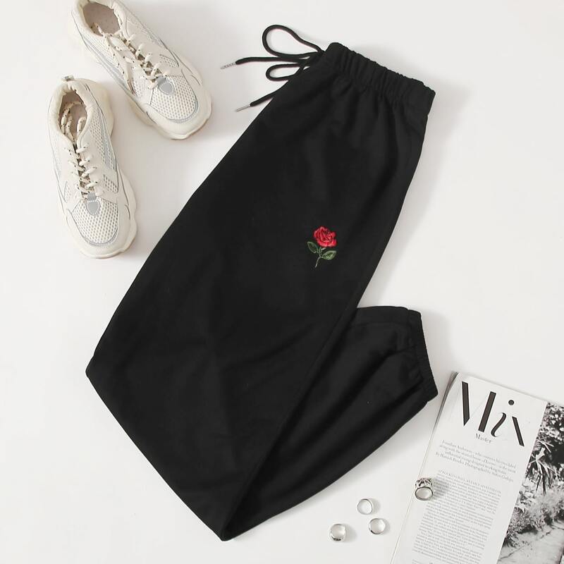 

Rose Embroidery Sweatpants, Black