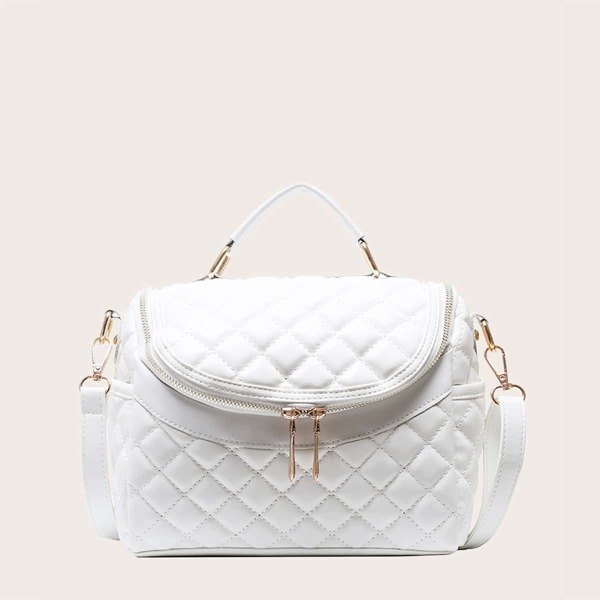 

Quilted Double Zipper Satchel Bag, White