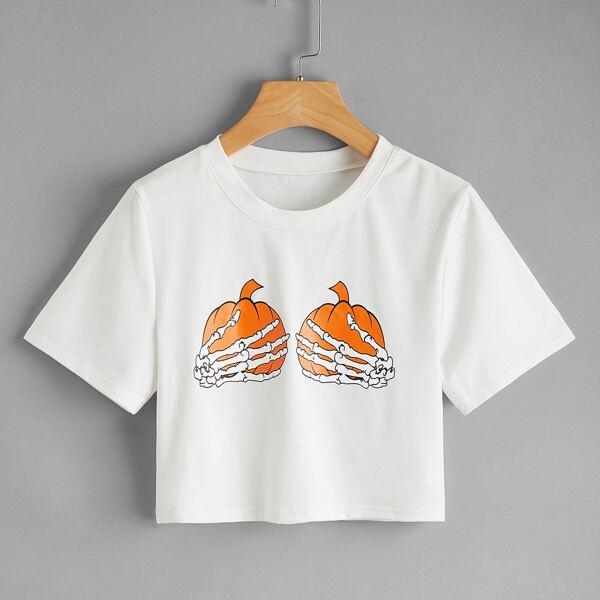 

Halloween Skull Print Crop Tee, White