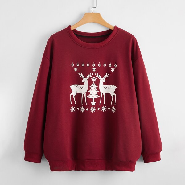 

Plus Christmas Print Drop Shoulder Sweatshirt, Burgundy