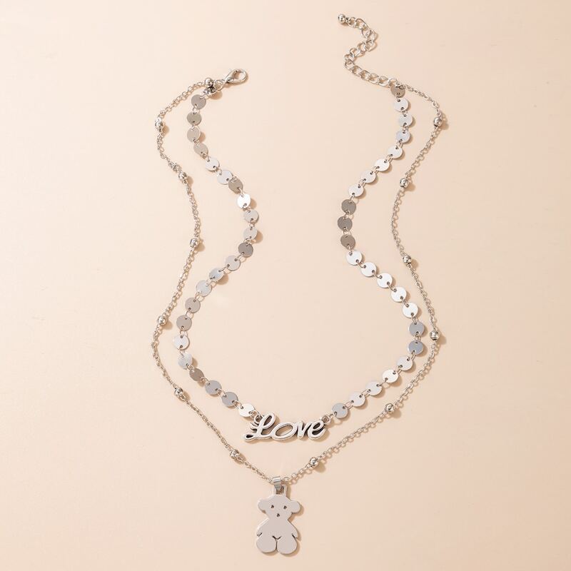 

1pc Bear Pendant Layered Choker Necklace, Silver