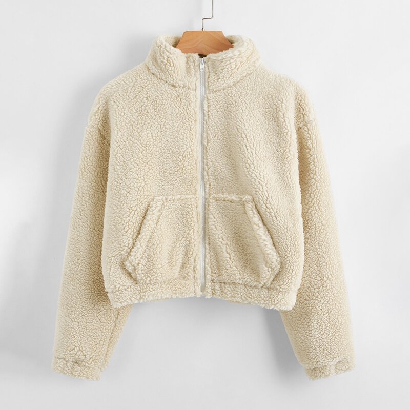 

Solid Zip Up Crop Teddy Jacket, Beige