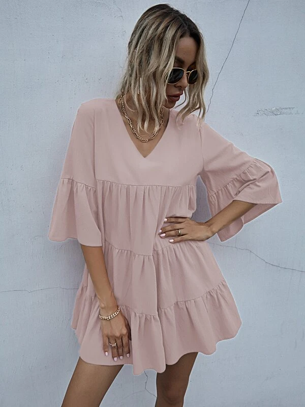 Solid Flounce Sleeve Smock Dress 