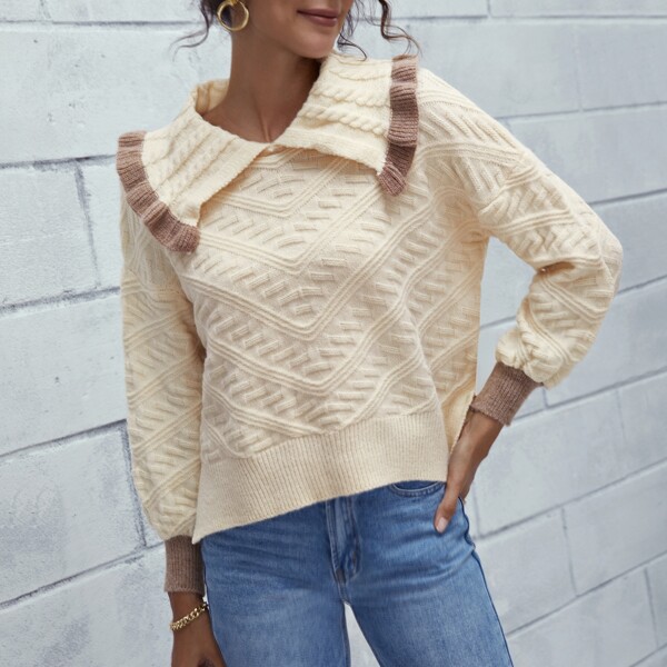 

Peter Pan Collar Split Hem Sweater, Beige