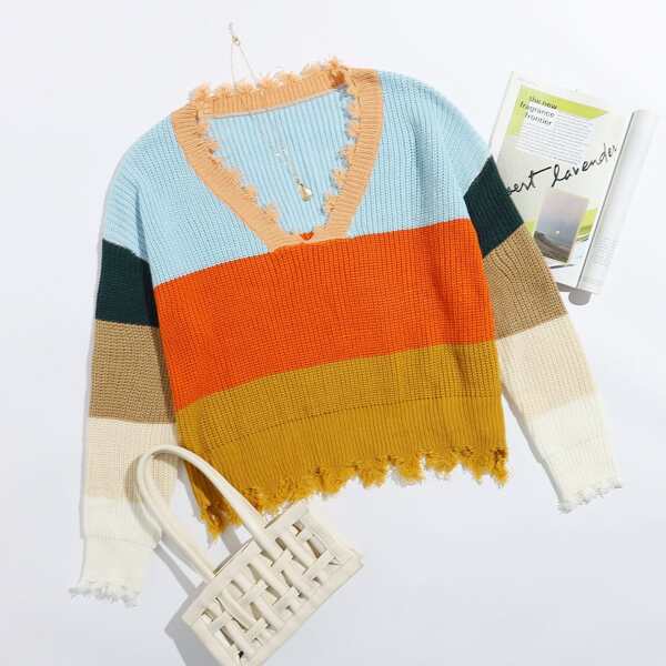 

Plus Colorblock Drop Shoulder Distressed Sweater, Multicolor