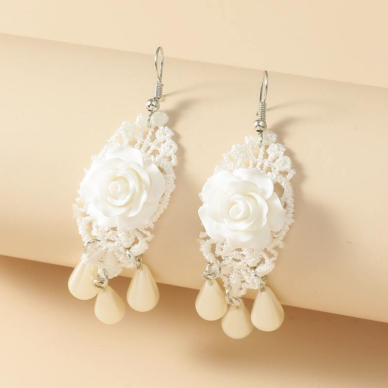 

Flower Lace Drop Earrings, White